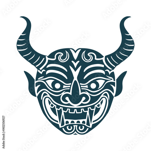 Traditional Mask Devil or tiger mask with exaggerated horns and teeth, folk-art style - Folk Art Devil Tiger Mask with Horns Vector