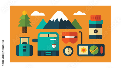 Colorful Flat Icons Representing Mountain Camping Gear