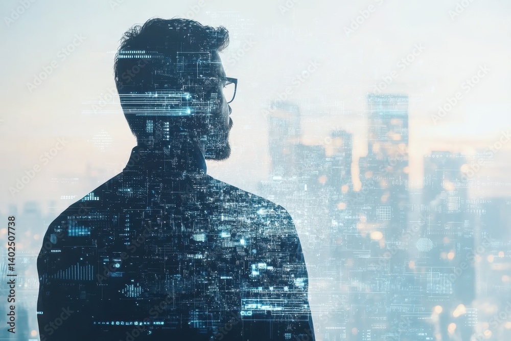 A person gazes thoughtfully at a city skyline while immersed in digital data at dusk