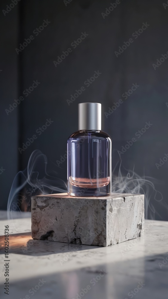 A stylish perfume bottle on a marble base, surrounded by wisps of smoke, showcasing elegance and luxury in a minimalist setting. A stylish perfume bottle on a marble base, surrounded by wisps of smoke, showcasing elegance and luxury in a minimalist setting.