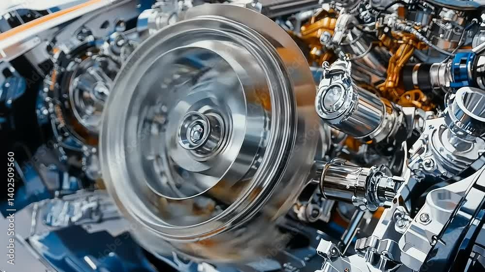 Close-up view of a high-performance engine showcasing intricate mechanical components in motion
