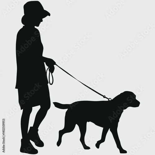 Woman Walking Dog Silhouette | Pet Leash Stroll Vector Graphic