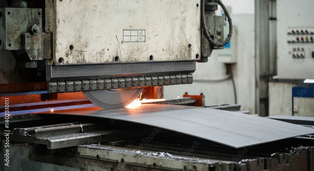 Industrial metal cutting machine in action with sparks in workshop Industrial metal cutting machine in action with sparks in workshop