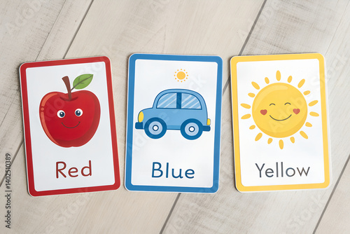 A set of color flashcards with cute objects representing each color (e.g., red apple, blue car, yellow sun). Great for early visual learning. photo