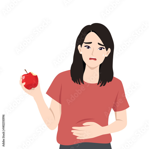 Concerned woman in a red shirt holding a bitten apple, clutching her stomach with pained expression. Flat Vector character illustration