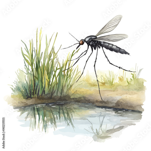 Mosquito Hovering Near A Pond, watercolor vector, isolated on a white background.