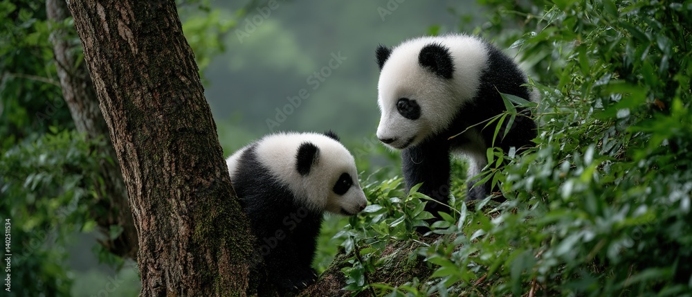 Two Cute Baby Pandas Climbing on Tree Branches Amidst Lush Green Foliage Outdoors Two Cute Baby Pandas Climbing on Tree Branches Amidst Lush Green Foliage Outdoors