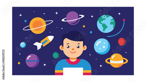 Smiling boy gazing at the cosmos, a space-themed illustration.