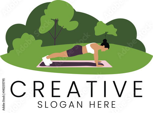 Woman Doing Plank Exercise in Green Park Nature fit mat yoga girl body flat     