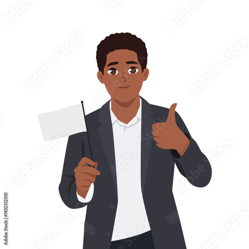 Man in a suit holding a white flag giving a thumbs up, peace, surrender, or a positive resolution. Flat Vector character illustration