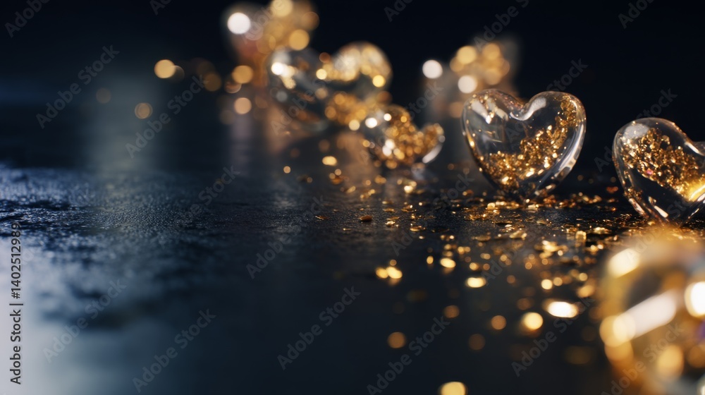 Floating Golden Confetti in Heart Shaped Glass on Dark Surface Floating Golden Confetti in Heart Shaped Glass on Dark Surface