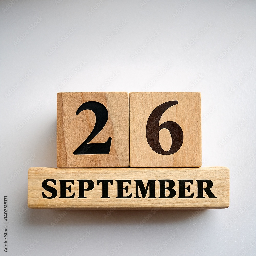 Minimalist photo of wooden blocks with date 26 September. Day and month, calendar on white background Minimalist photo of wooden blocks with date 26 September. Day and month, calendar on white background