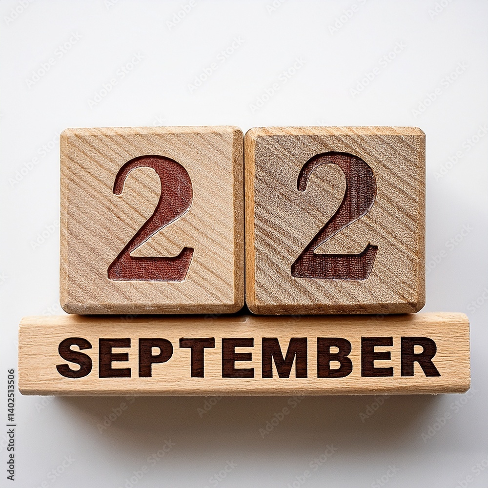 Minimalist photo of wooden blocks with date 22 September. Day and month, calendar on white background Minimalist photo of wooden blocks with date 22 September. Day and month, calendar on white background