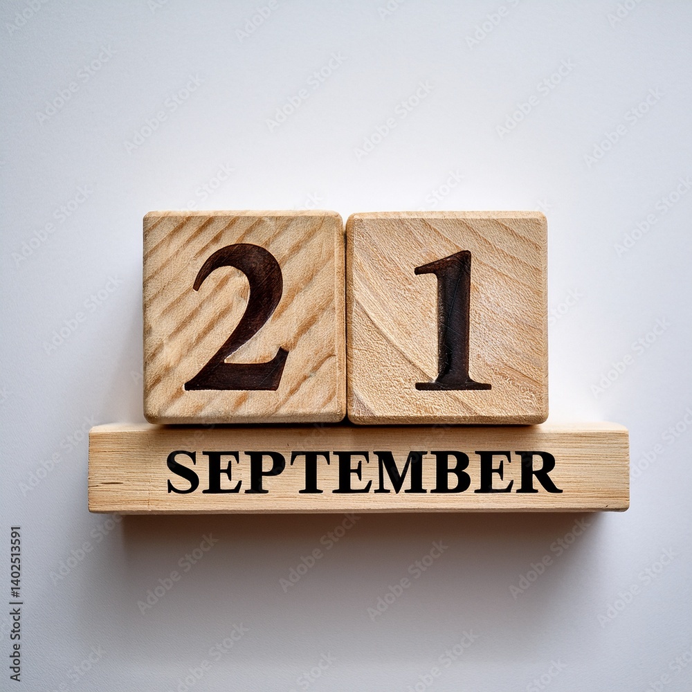 Minimalist photo of wooden blocks with date 21 September. Day and month, calendar on white background Minimalist photo of wooden blocks with date 21 September. Day and month, calendar on white background