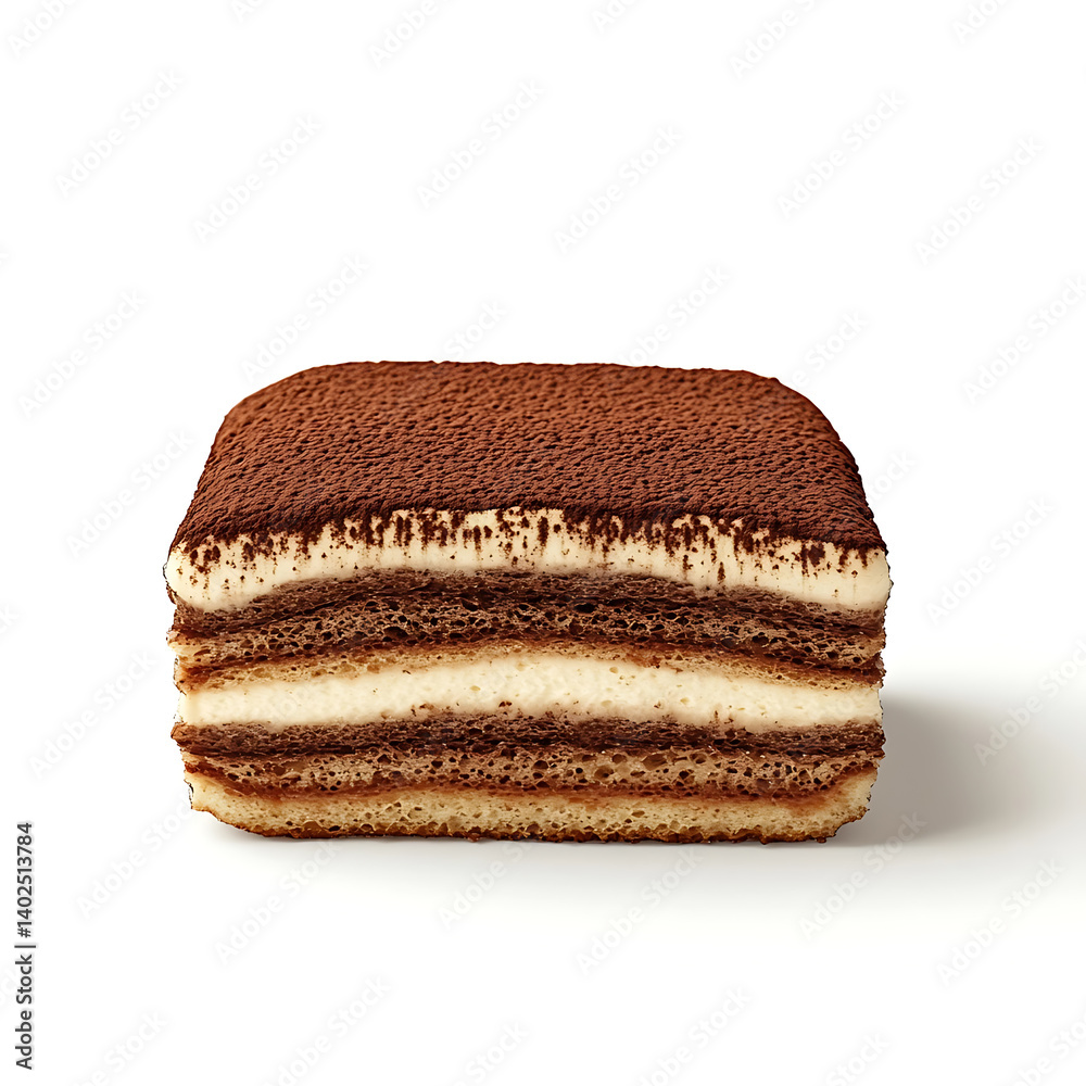 A thick slice of tiramisu with rich coffee flavor, smooth mascarpone cream, and cocoa dusting