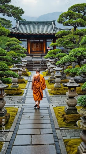 A bald monk dressed in orange walking along a stone path in an asian temple garden with moss, trees, and stone lanterns.