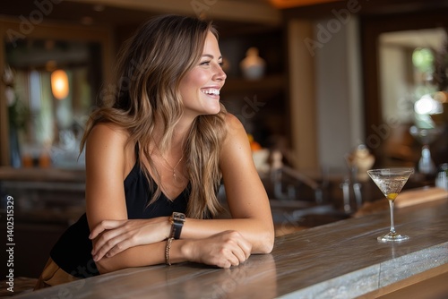 Woman at Bar: Smiling woman in a black dress leans on a bar with a drink, radiating happiness in a relaxed, upscale setting.