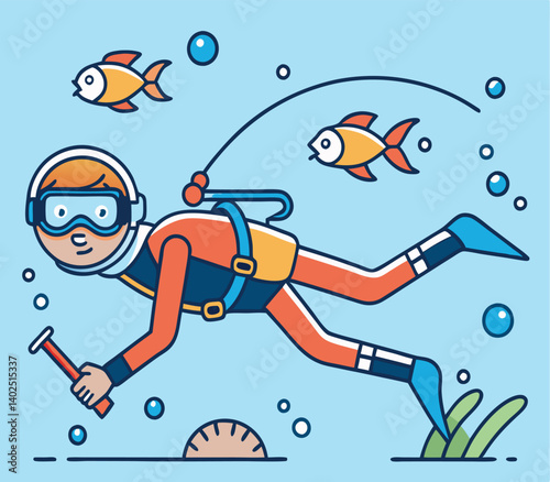 Cartoon Scuba Diver With Hammer Underwater Exploring Coral Reef And Fishes Illustration