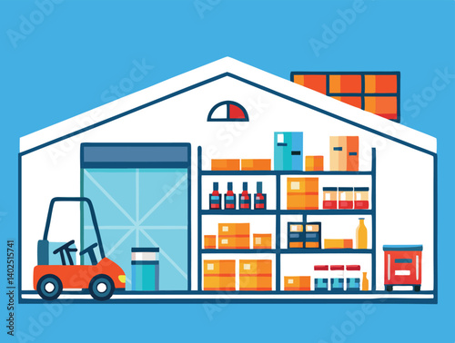 Warehouse Illustration With Forklift Boxes And Shelves In Blue Orange And White
