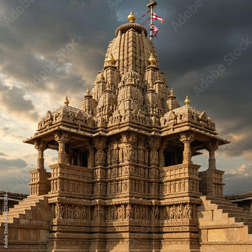 Beautifully Carved Hindu Temple at Sunset, Golden Hour Light
