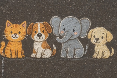 Cute animal chalk drawings lined up on asphalt background  
