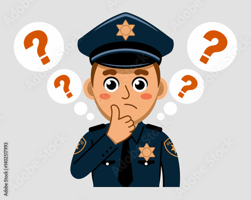 Confused Cartoon Policeman Character with Question Marks Illustration