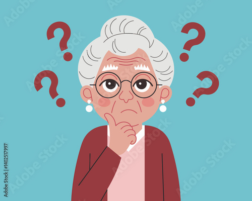 Confused elderly woman surrounded by question marks illustration