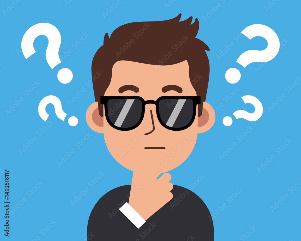 Cartoon Man with Question Marks, Thoughtful Expression Cartoon Man with Question Marks, Thoughtful Expression