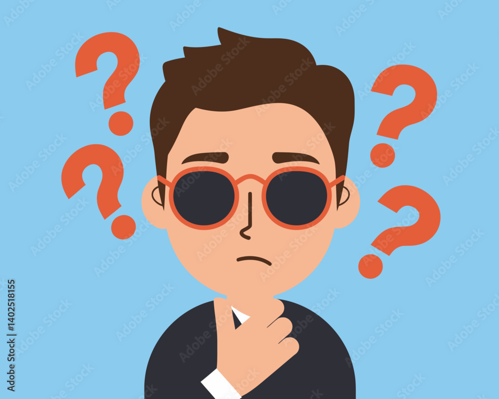 Puzzled cartoon man with sunglasses surrounded by question marks Puzzled cartoon man with sunglasses surrounded by question marks