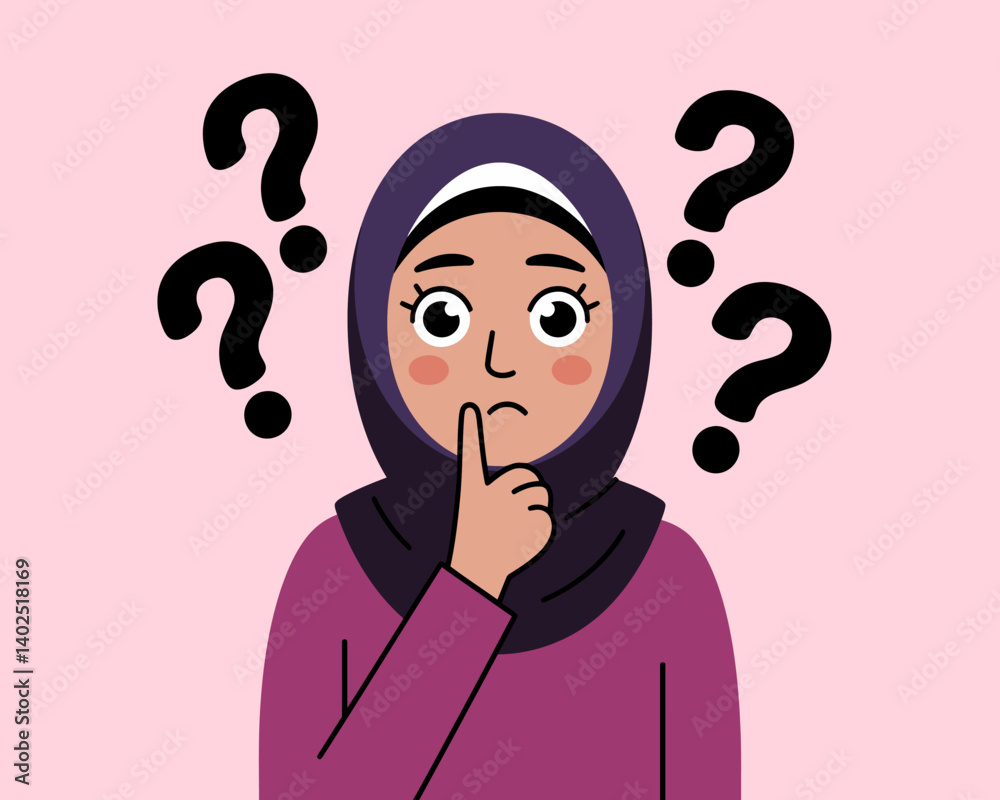 Pensive Hijabi Woman with Question Marks, Isolated Vector Cartoon Pensive Hijabi Woman with Question Marks, Isolated Vector Cartoon