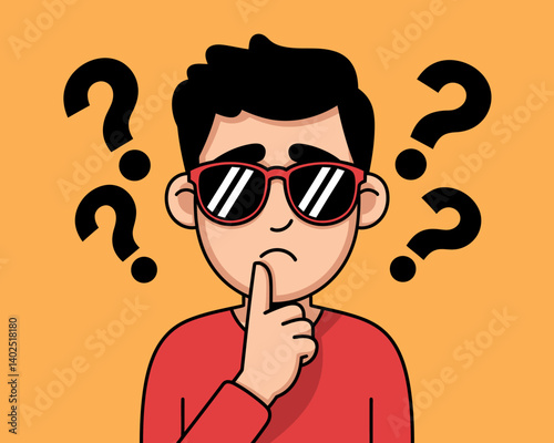 Cartoon man in sunglasses surrounded by question marks, expressing confusion.
