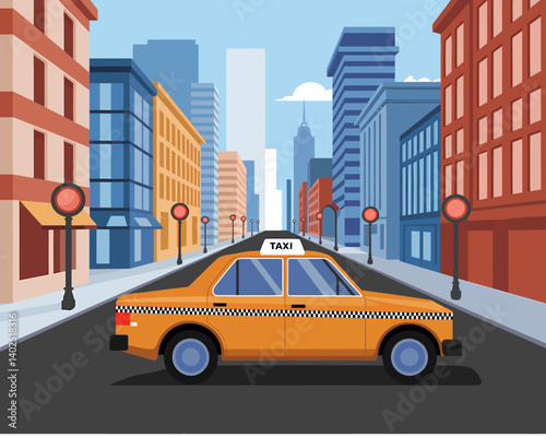 City taxi scene, yellow cab illustration, vector cityscape, downtown avenue