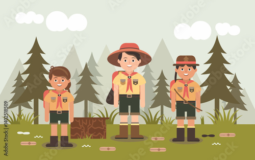 Three Smiling Scouts in Forest, Summer Camp Adventures Illustration