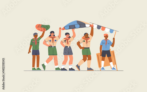Cheerful Boy Scouts Parade with Crafted Props, Outdoor Activity