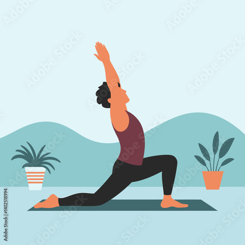 Yoga asana. Male yoga practitioner performing a lunge pose indoors.
