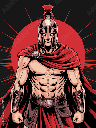 Spartan Warrior Illustration: Muscular Hero in Red Cloak and Helmet