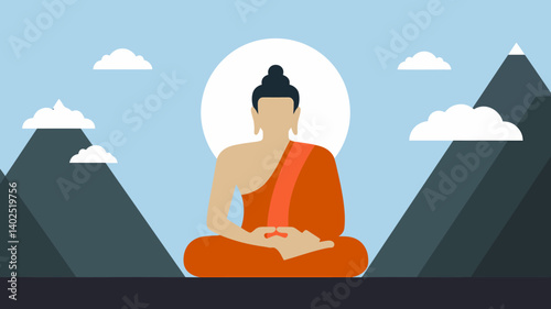 Meditating Buddha Illustration with Mountain Scenery, Enlightenment Vector