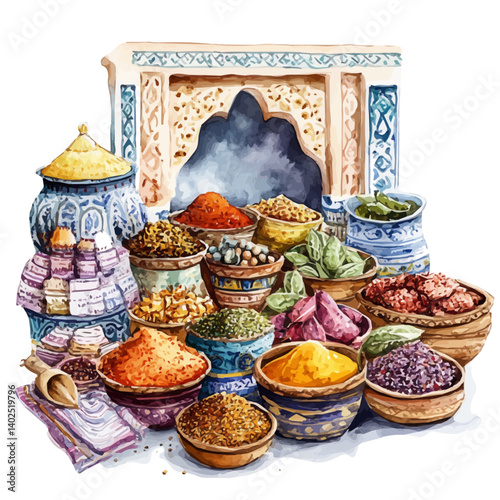 Moroccan Bazaar With Colorful Spices And Textiles, watercolor illustration, isolated on a white background.