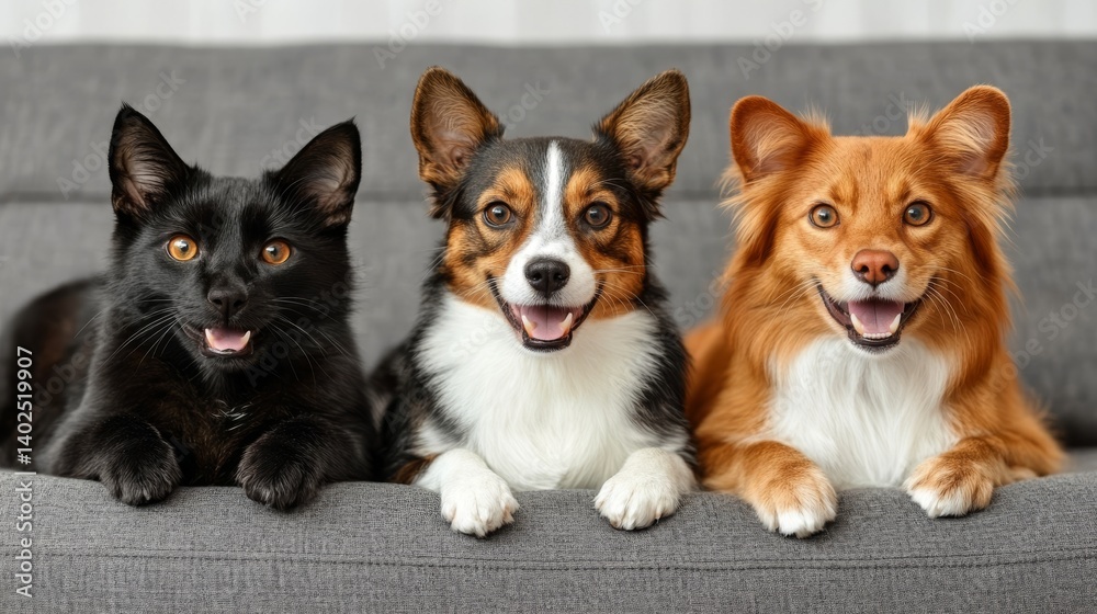 Three adorable pets resting on a couch. Three adorable pets resting on a couch.