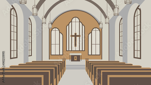 Vector Church Interior with Pews, Cross, and Arched Windows Illustration