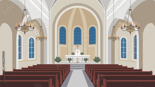 Church interior vector illustration with pews, altar, stained-glass windows