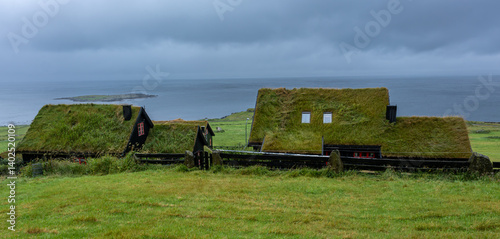 Old turf roof houses in Kirkjubøur, Faroe Islands
