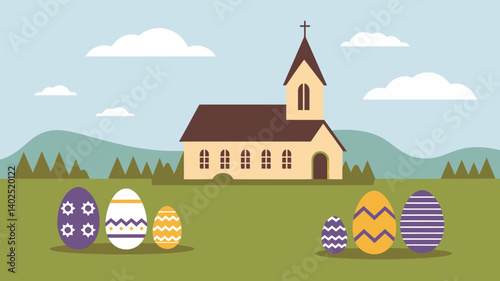 Cartoon Easter Eggs at Church, Festive Spring Holiday Celebration, Graphic Illustration