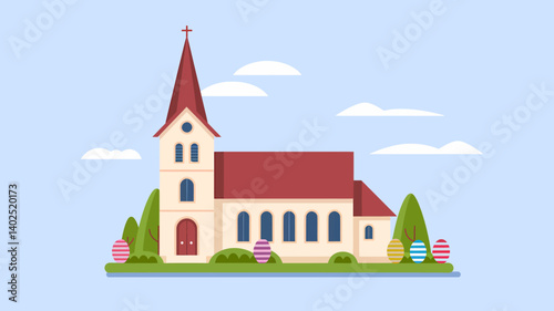Easter Church Scene: Vector Illustration with Eggs and Blue Sky