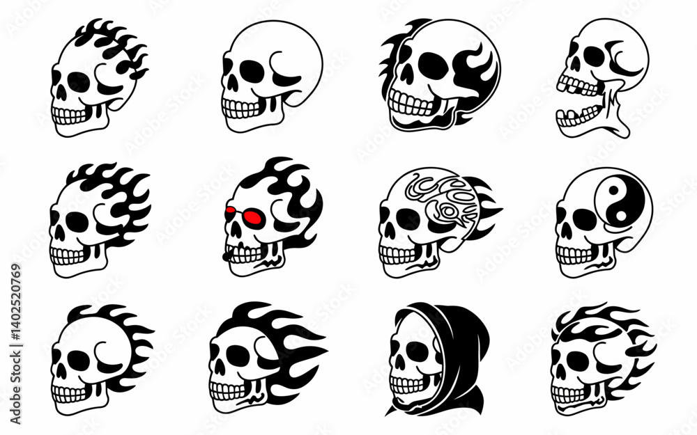 Skull Illustrations Collection: Tattoo, Flame and Yin Yang Skull Designs