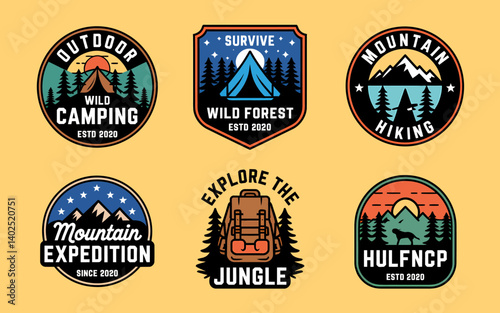 Retro Outdoor Adventure Badges: Camping, Hiking, and Wilderness Explorations