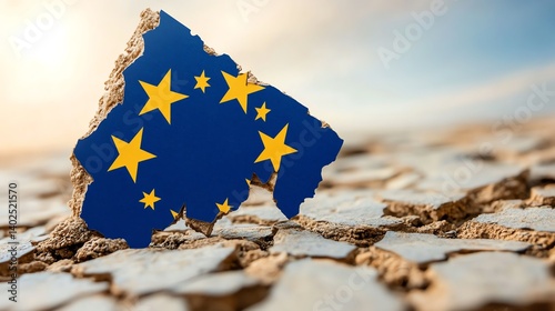 A cracked landscape with a European Union flag symbolizing environmental concerns. photo