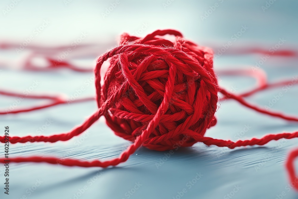 A vibrant red yarn ball tangled on a light blue surface, perfect for crafting projects.