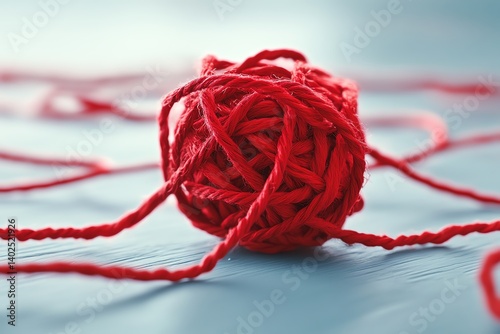 Obraz na płótnie A vibrant red yarn ball tangled on a light blue surface, perfect for crafting projects. w salonie