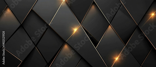 Geometric 3d gradient background of black grey gray metallic texture, shape of polygons pattern business design background with golden shining effects
